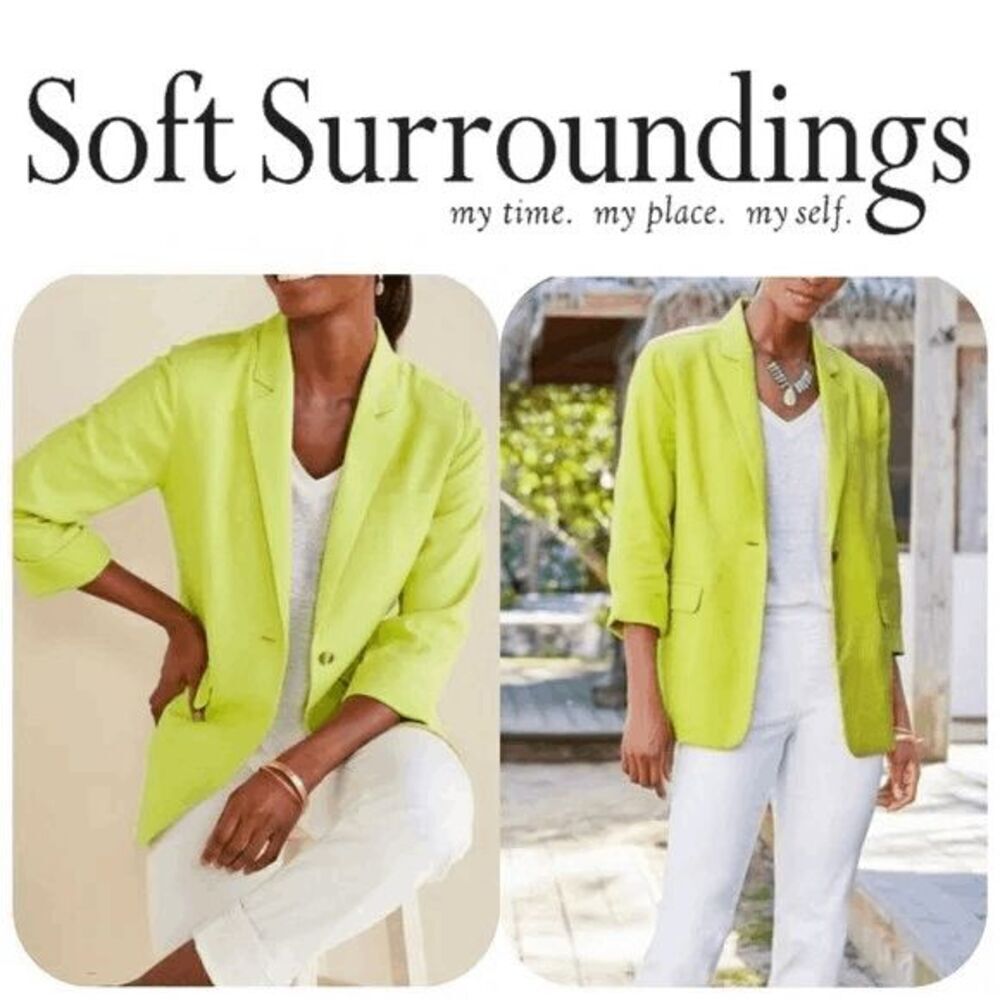 NWT Soft Surroundings Linen blend portofino blazer jacket summer lime green Sz M
